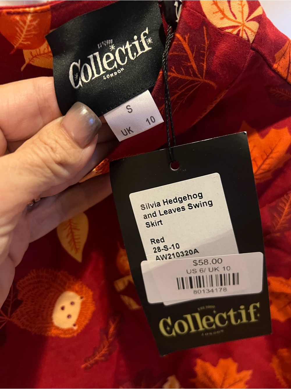 Collectif Red Swing Skirt with Autumn Leaf & Hedgehog Print